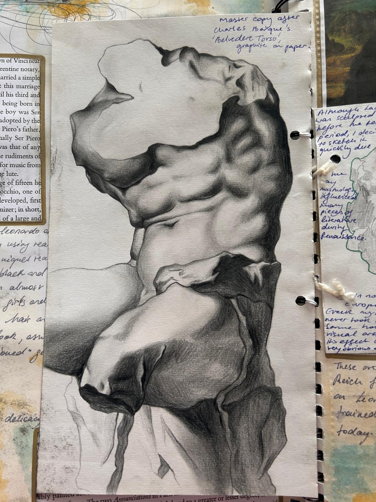 Master copy drawing after Charles Barque's 'Belvedere Torso', Graphite on paper.